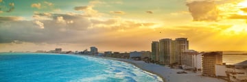 View of hotel strip and coastline in Cancun