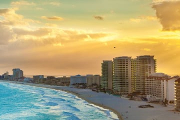 View of hotel strip and coastline in Cancun
