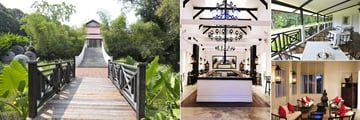 Villa Samadhi Singapore, (clockwise from left): Tamarind Hill Restaurant Exterior, Chandelier Bar, Tamarind Hill Outdoor Dining and Lounge