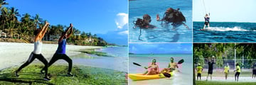 Voyager Beach Resort, (clockwise from left): Yoga, Scuba Diving, Kite Surfing, Volleyball and Kayaking