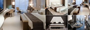 W Abu Dhabi, Yas Island, (clockwise from left): Deluxe Room, Yas Grand Suite, Marina Deluxe Room, Deluxe Suite Living Room and Presidential Suite