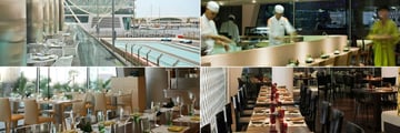 W Abu Dhabi, Yas Island, (clockwise from top left): Origins Restaurant with race track views, Kazu Sushi Bar, Noodlebox Restaurant and Amici Restaurant 
