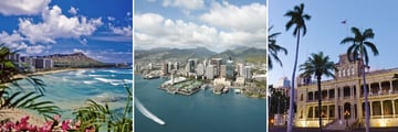 Three images of Waikiki Beach and Honolulu