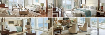 Waldorf Astoria Dubai Palm Jumeirah, (clockwise from top left): Premier Sea View Suite, Deluxe Suite with Sea View and Chairmand Suite Living Room and Bedroom