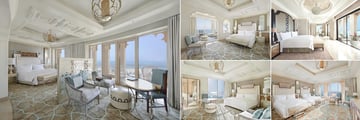 Waldorf Astoria Ras Al Khaimah, (clockwise from left): King Deluxe Room, King Junior Suite, King Imperial Suite, Family Deluxe Room and King Junior Suite