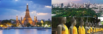 Wat Arun Temple, Buddha Statues at Wat Yai Chai Mongkok and Lumpini Park with city skyline background, Bangkok  