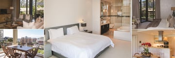 Waterfront Village, (clockwise from top left): Deluxe One Bedroom Apartment Living, Bedroom and Ensuite, Bedroom, Kitchen and Luxury Three Bedrooom Apartment Balcony