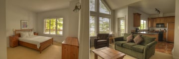 Water's Edge Shoreside Suites, One Bedroom Deluxe Suite Bedroom and Lounge and Kitchen