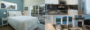 Water's Edge Shoreside Suites, Two Bedroom Luxury Suite Bedroom, Kitchen and Lounge
