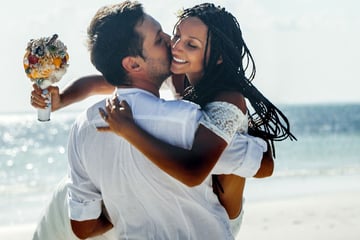 Happy bride and groom on the beach