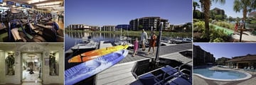 Westgate Lakes Resort & Spa, (clockwise from top left): Fitness Centre, Boat Rentals Dock, Mini Golf, Pool and Serenity Spa