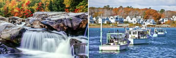 White Mountains waterfalls and Maine fishing boats