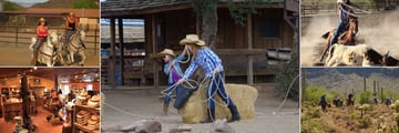 White Stallion Ranch, (clockwise from top left): Team Cattle Penning Lesson, Kids Roping Lesson, Cowboy Rodeo, Mountain Horserides and Shop