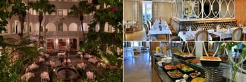 Winchester Mansions, Harveys Restaurant Courtyard, Interior and Breakfast Buffet