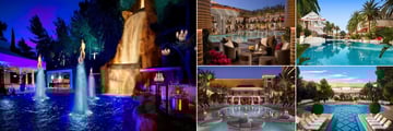 Wynn, (clockwise from left): Intrigue Lagoon, Encoure European Pool, Encore Beach Club, Wynn Resort Pool and Encore Resort Main Pool 