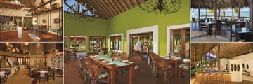 Zoetry Agua Punta Cana, (clockwise from top left): Coco Cafe, Amaya Restaurant, Indigo Restaurant, Canoa Lobby Bar and Piragua Restaurant