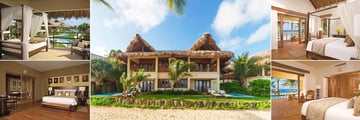 Zoetry Agua Punta Cana, (from top left): Romantic/Junior Suite Pool View, Ocean Front Suites Exterior, Junior Suite Ocean Front, Junior Suite Deluxe Ocean Front and Romantic Junior Suite Garden View