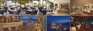 Zoetry Montego Bay, (clockwise from top left): Coyaba, Coco Cafe, Harmony Lobby Bar, Polo Restaurant & Lounge, Romantic Dinner on the Pier and Canoa