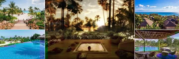 Zuri Zanzibar, (clockwise from top left): Beach Views, Maua Wellness Deck and Jacuzzi, Views Over Bungalows, Maisha Restaurant and Pool