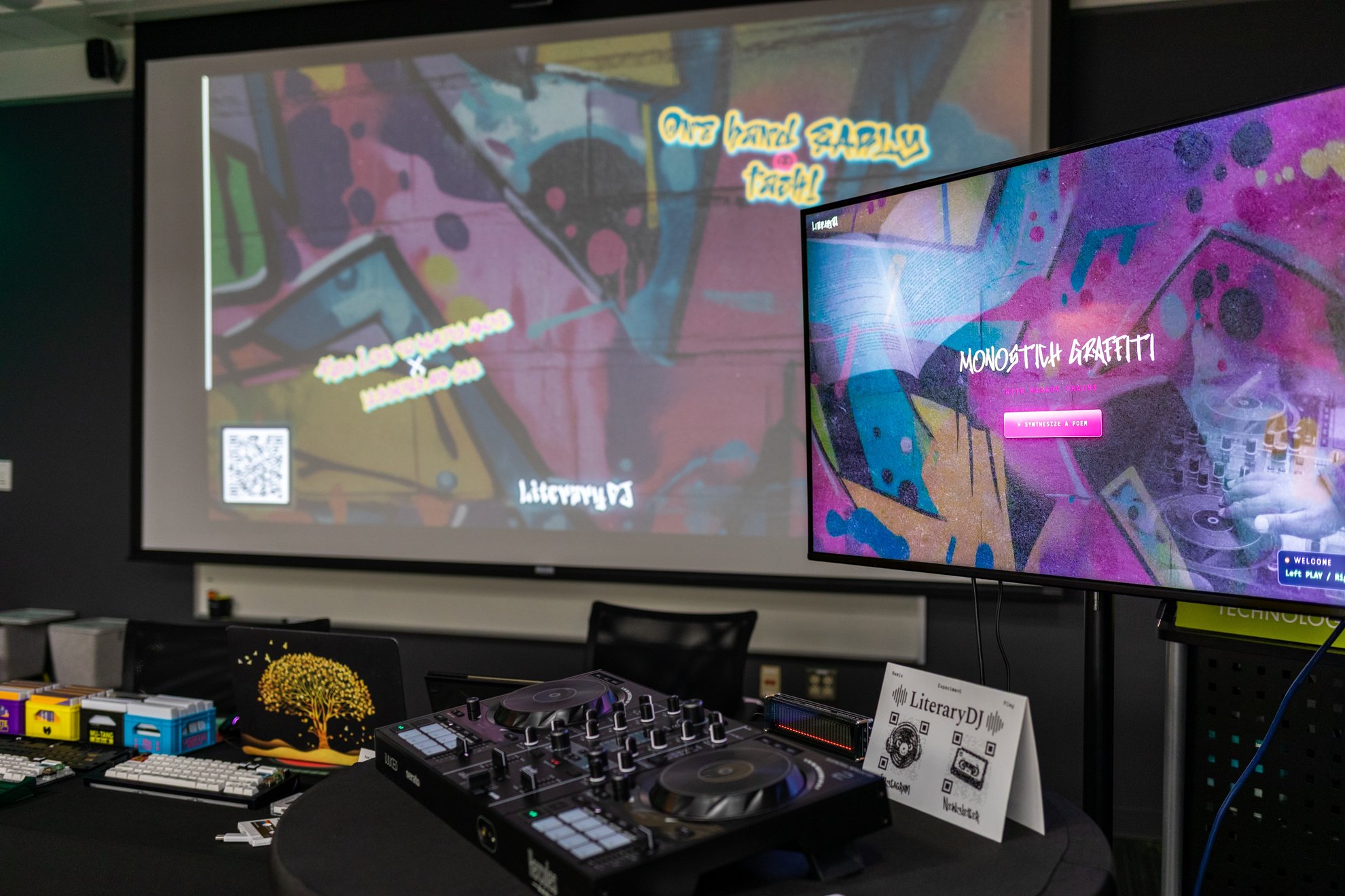 The Markov Monostich kiosk, DJ controller and projected wall