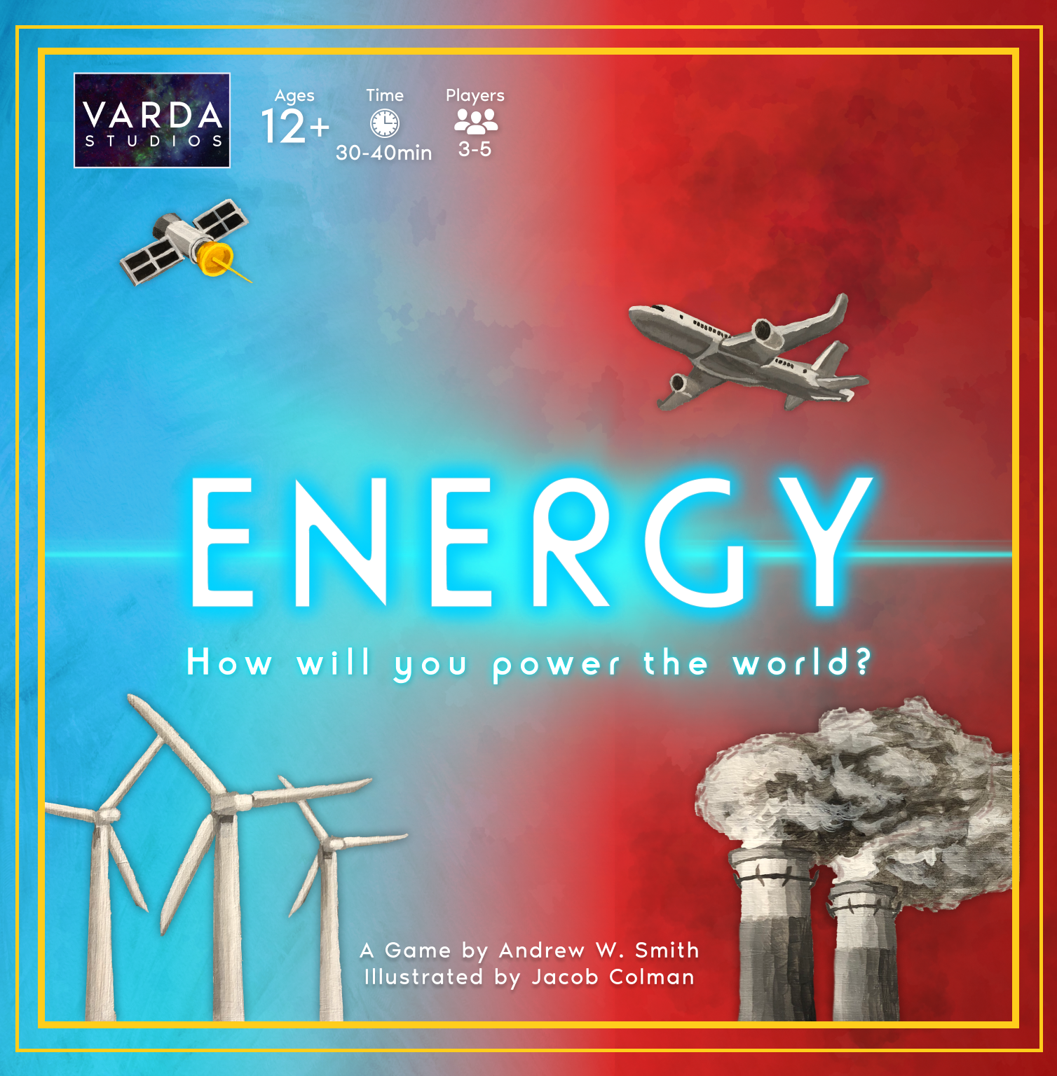 Board game inspired energy grid with climate and policy markers.