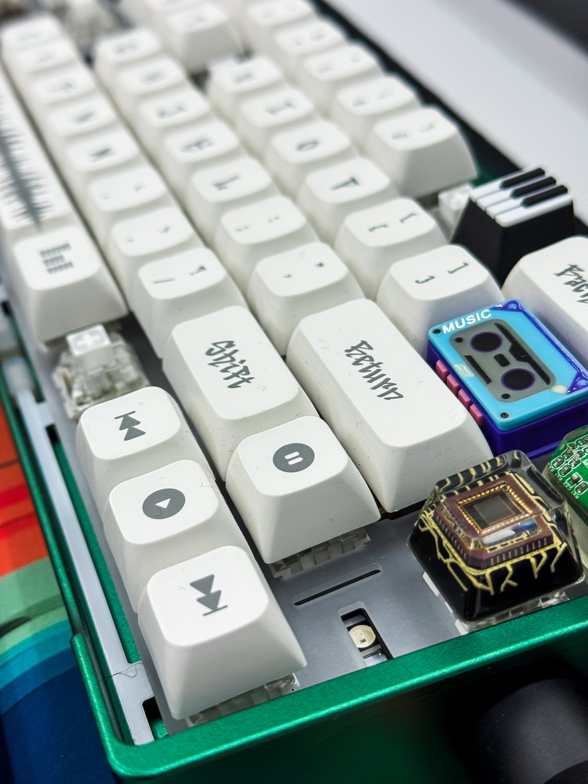 A close-up of custom keycaps on a keyboard.