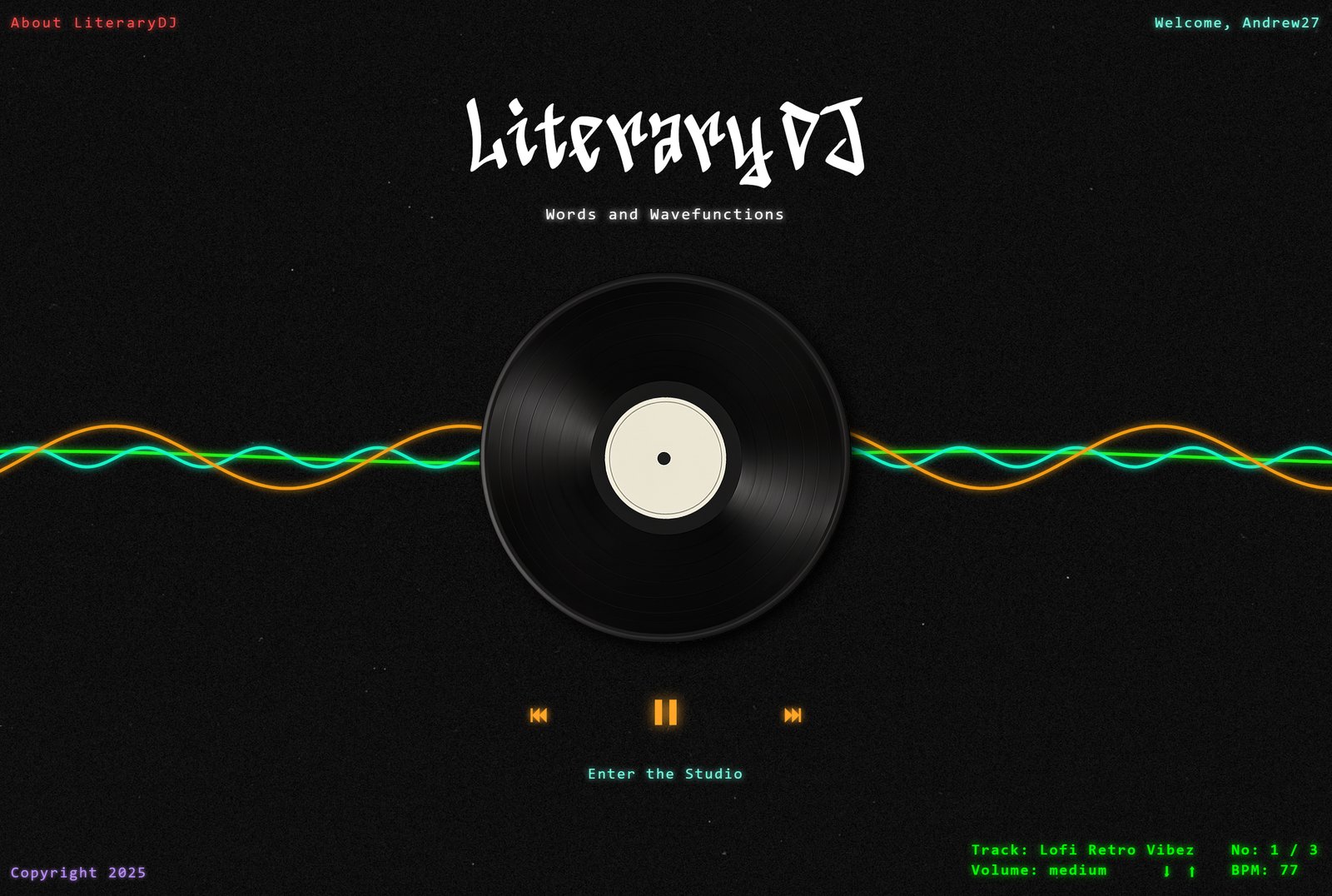 Abstract interface artwork for LiteraryDJ with waveforms, nodes, and a turntable-like orbit.