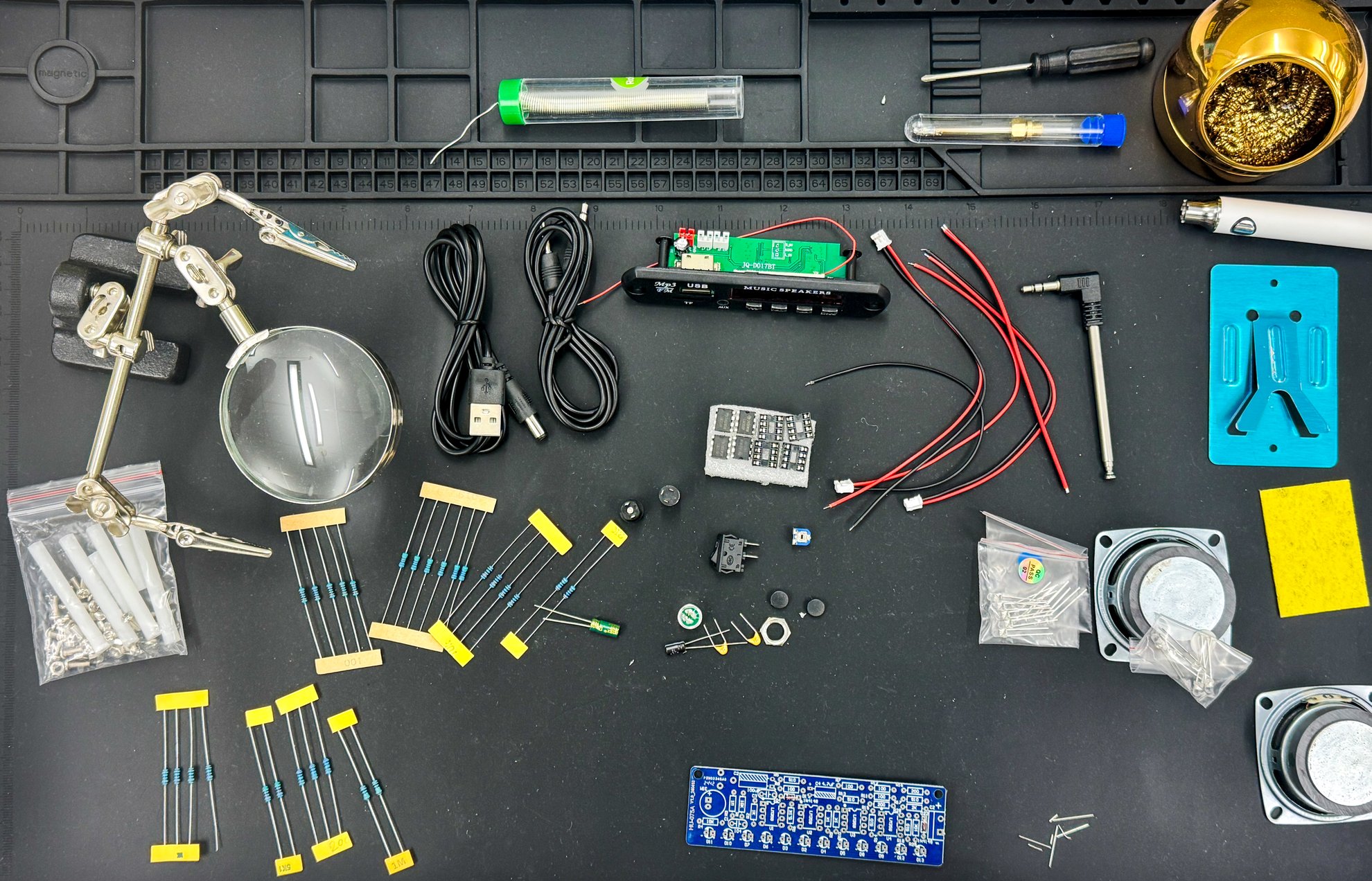 A hand-built controller circuit seen from directly above, with its components and wiring laid out.