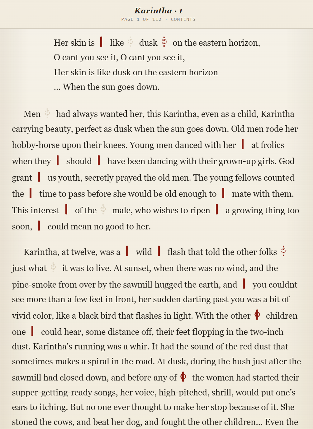 A reading view of Karintha, page 1 of 112, with red cut markers dropped between words of the prose.