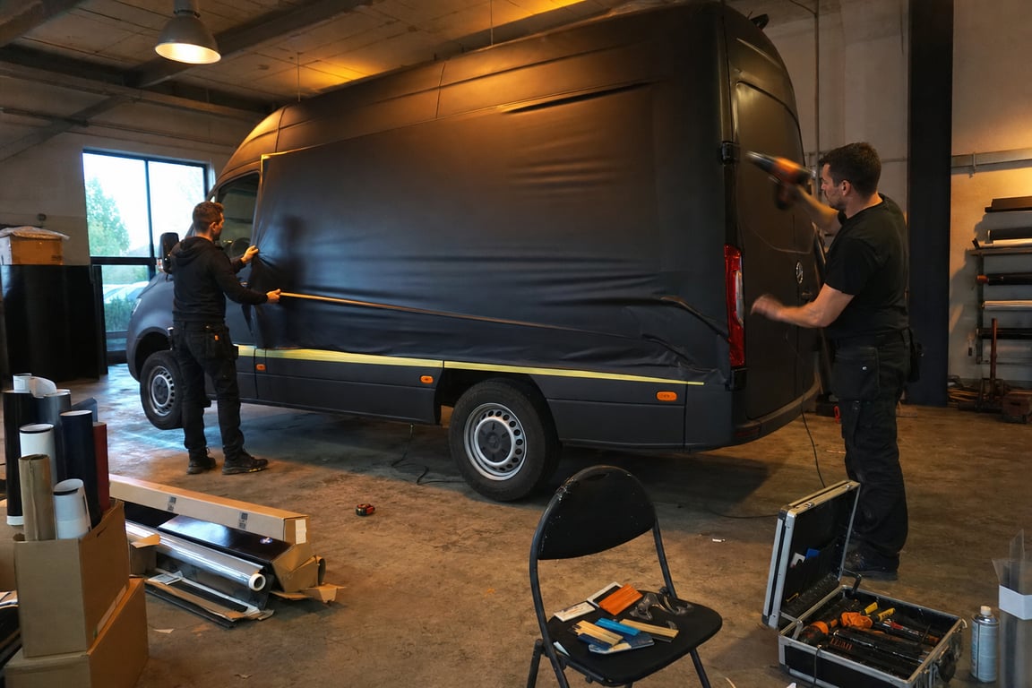 Werkstatt mit Technikern bei der Folierung