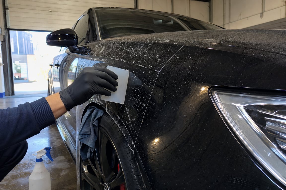 Lackschutzfolie wird auf schwarze Motorhaube aufgezogen