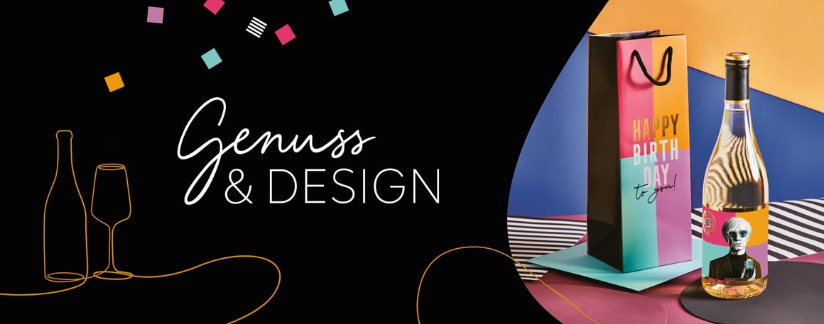 Genuss & Design Kollektion – Geschenktüte und Weinflasche mit künstlerischem Etikett