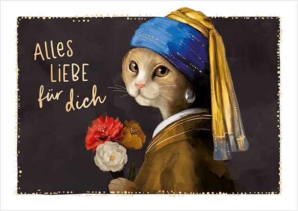 Postkarte „Alles Liebe für dich“ mit Katze als Mädchen mit Perlenohrring