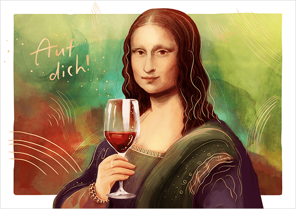 Postkarte „Auf dich!“ mit Mona-Lisa-Illustration und Weinglas