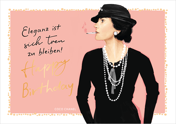 Postkarte „Happy Birthday“ mit Coco-Chanel-Illustration