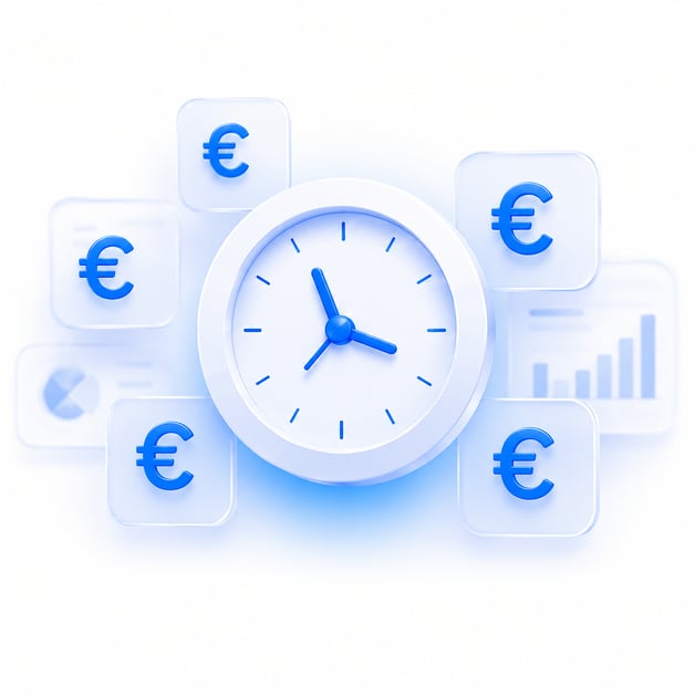 Uhr umgeben von Euro-Symbolen — teure, langsame Agenturen