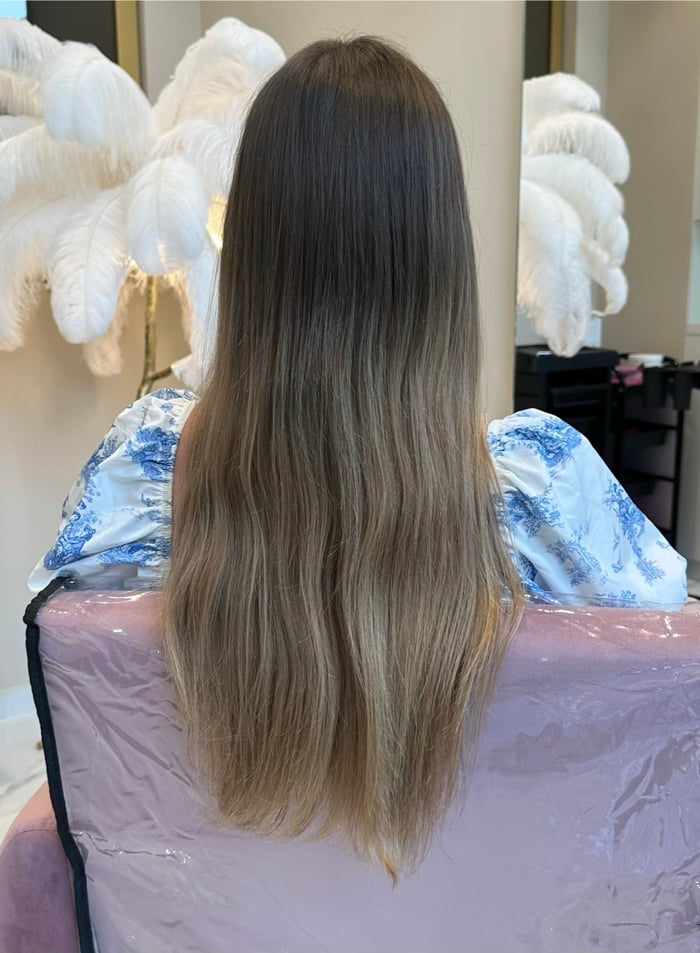 Balayage von dunklem Ansatz zu beigeblonden Längen, Rückansicht