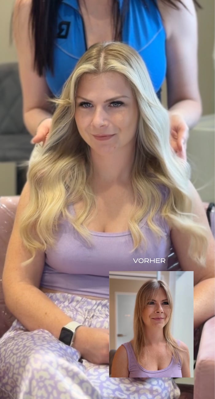 Vorher-Nachher: lange blonde Extensions bei HYPE