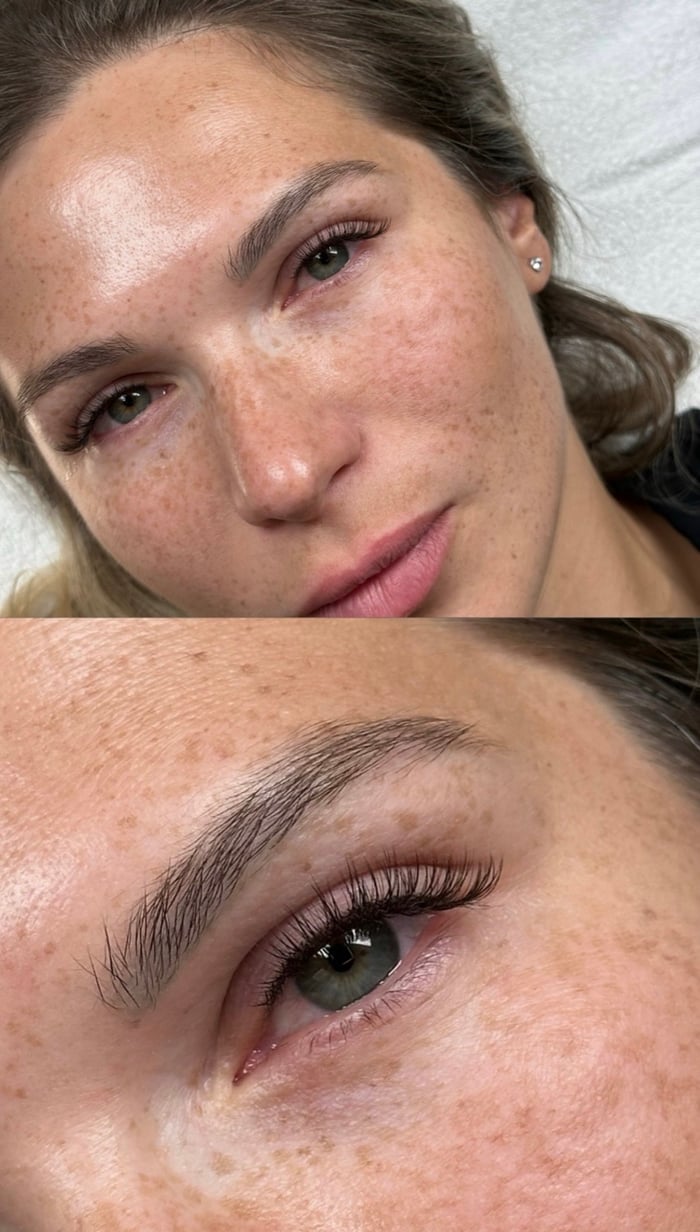 Wimpernverlängerung Ergebnis, Gesicht und Nahaufnahme des geschlossenen Auges