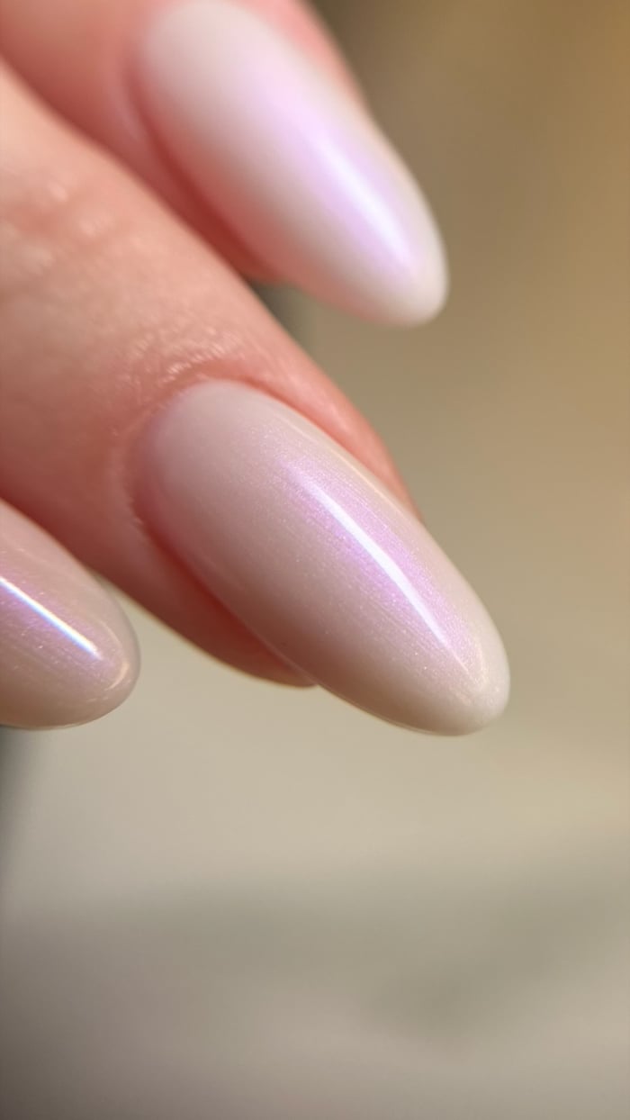 Gelnägel in Milchweiß mit schimmerndem Chrome-Effekt