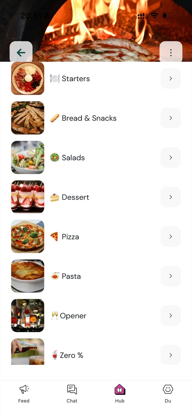 Rezept-Kategorien in der meynum-Mitarbeiter-App: Vorspeisen, Brot & Snacks, Salate, Dessert, Pizza, Pasta und Getränke