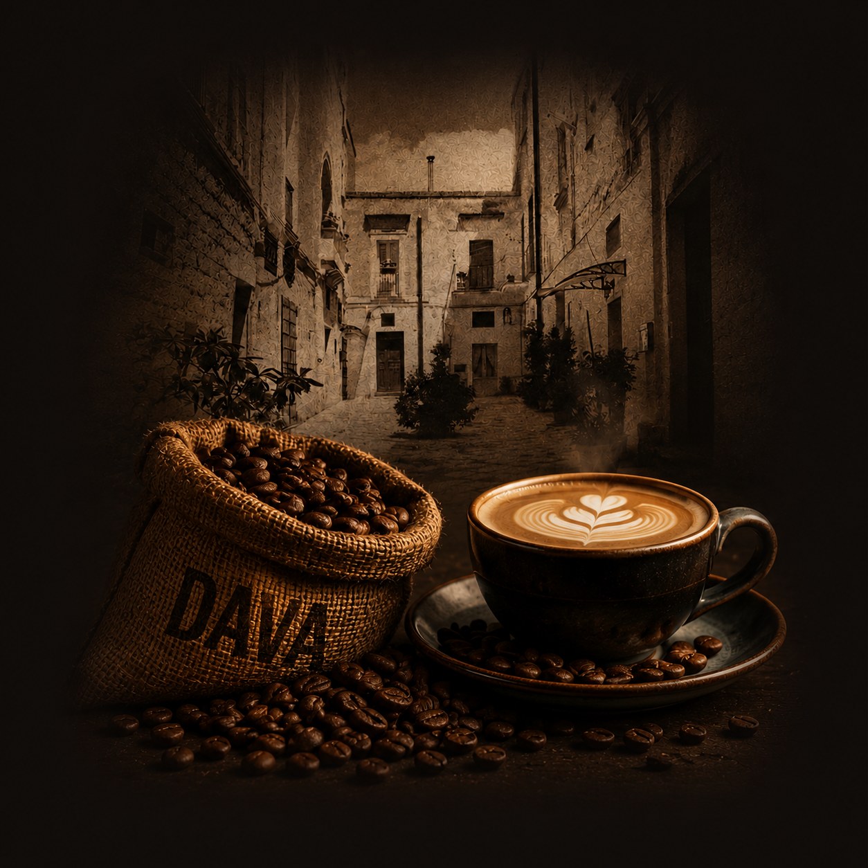 DAVA-Kaffee: Jutesack mit Kaffeebohnen und eine Tasse Cappuccino vor einer Altstadtgasse in Altamura