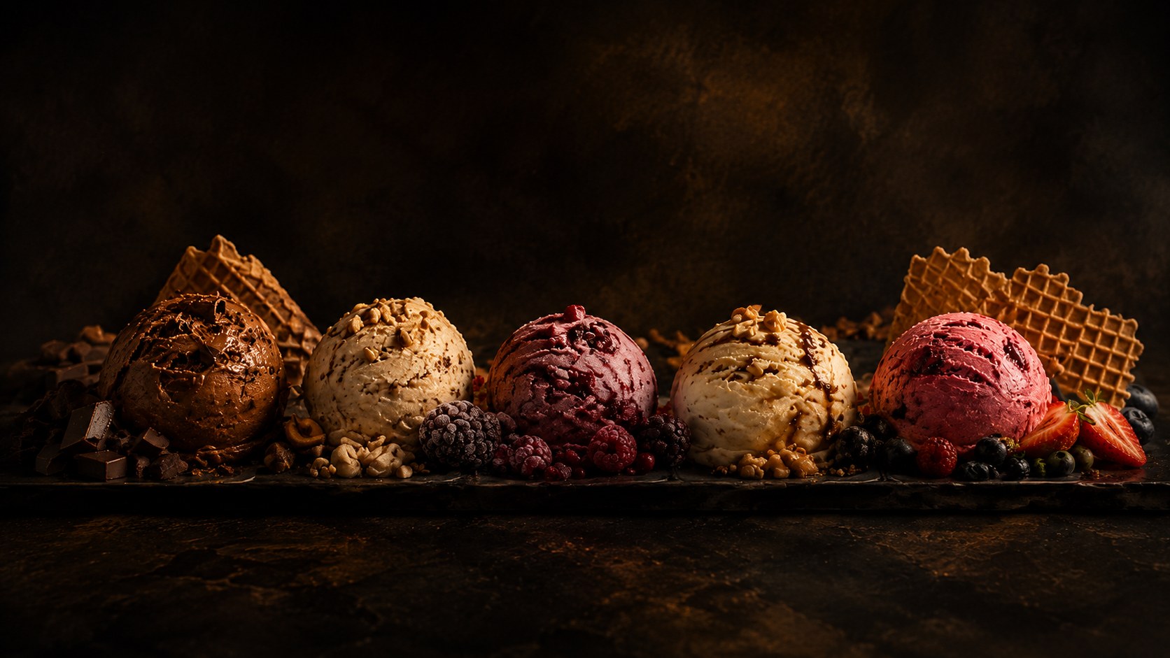 Verschiedene Eiskugeln von Scholz' Icecream — Schokolade, Karamell, Beere, Vanille und Himbeere