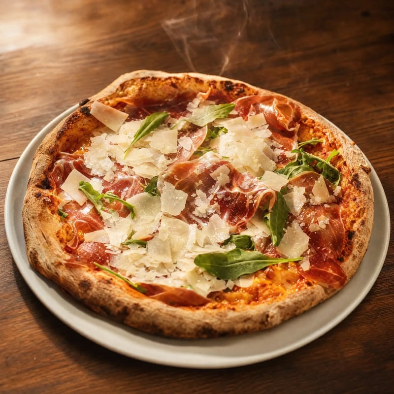 Holzofen-Pizza mit Parmaschinken, Rucola und gehobeltem Parmesan auf dem Teller