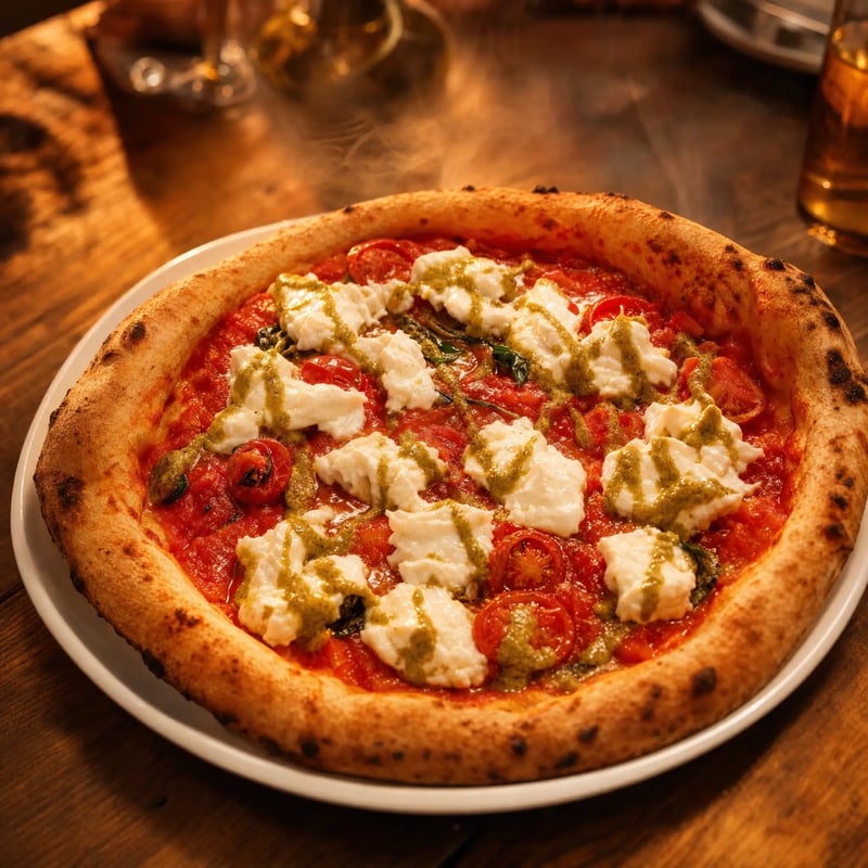 Holzofen-Pizza mit cremigen Käseflocken, Kirschtomaten und Pesto auf dem Teller