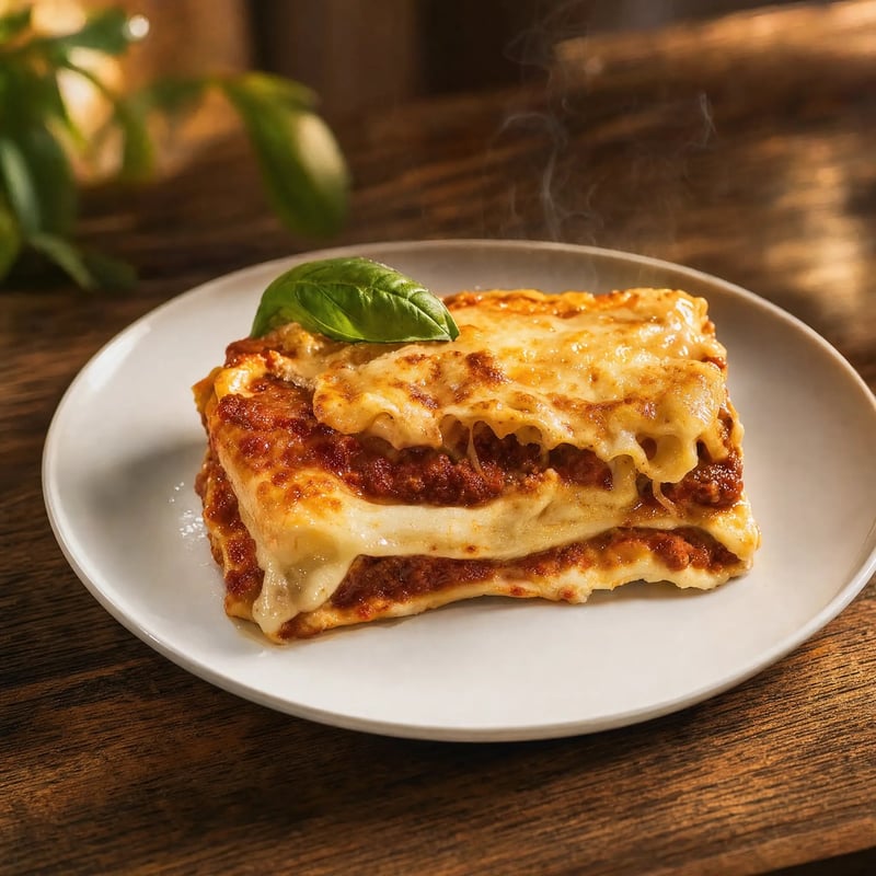 Stück Lasagne Bolognese mit geschmolzenem Käse und Basilikumblatt
