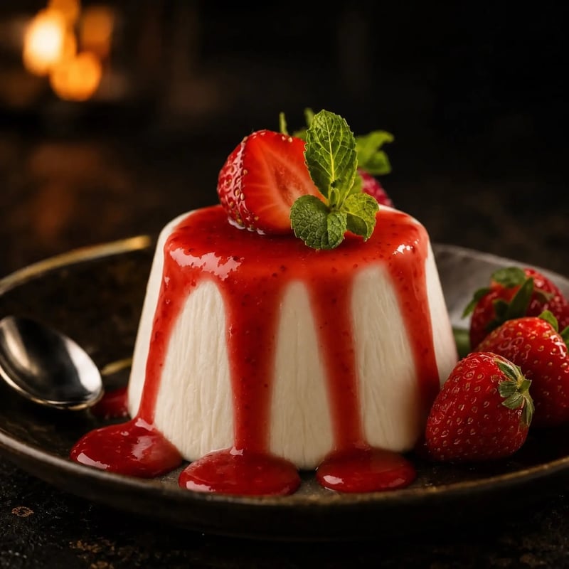 Panna Cotta mit Erdbeersauce, frischen Erdbeeren und Minze