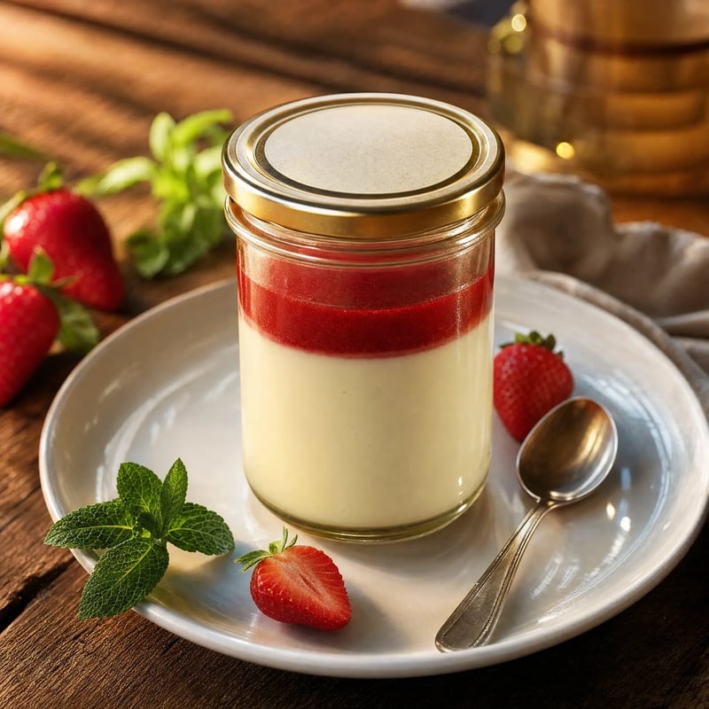 Panna Cotta im Glas mit Erdbeersauce auf einem Teller, daneben frische Erdbeeren und Minze