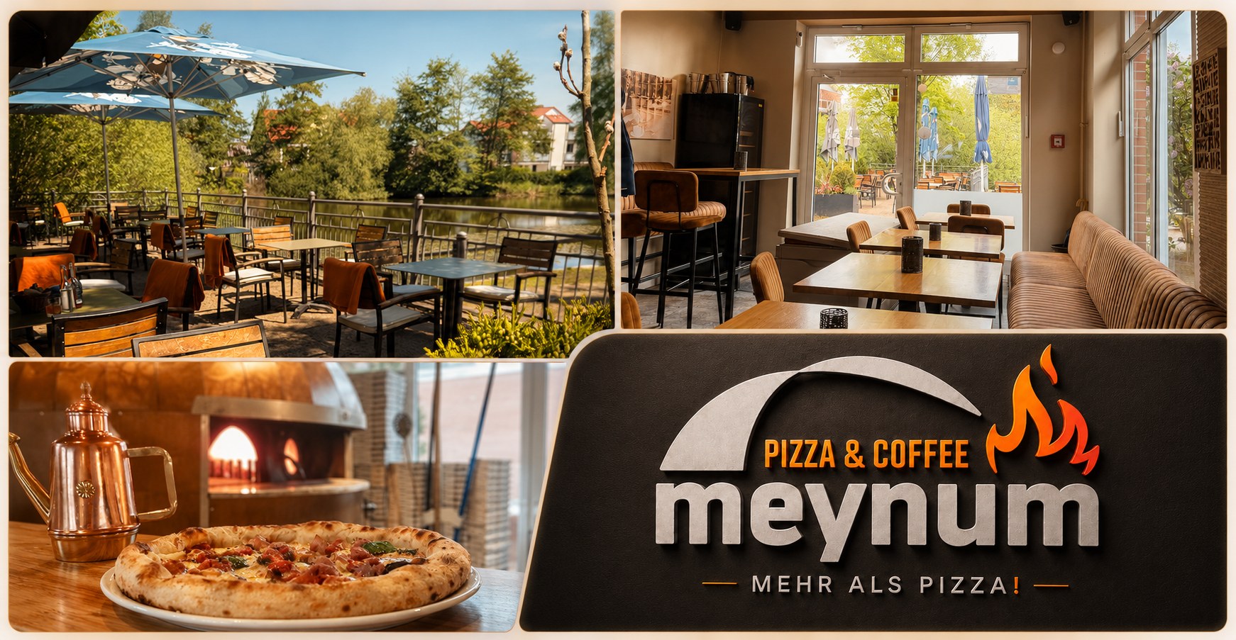 meynum Restaurant in Meine — Terrasse am Wasser, Gastraum und frische Holzofen-Pizza