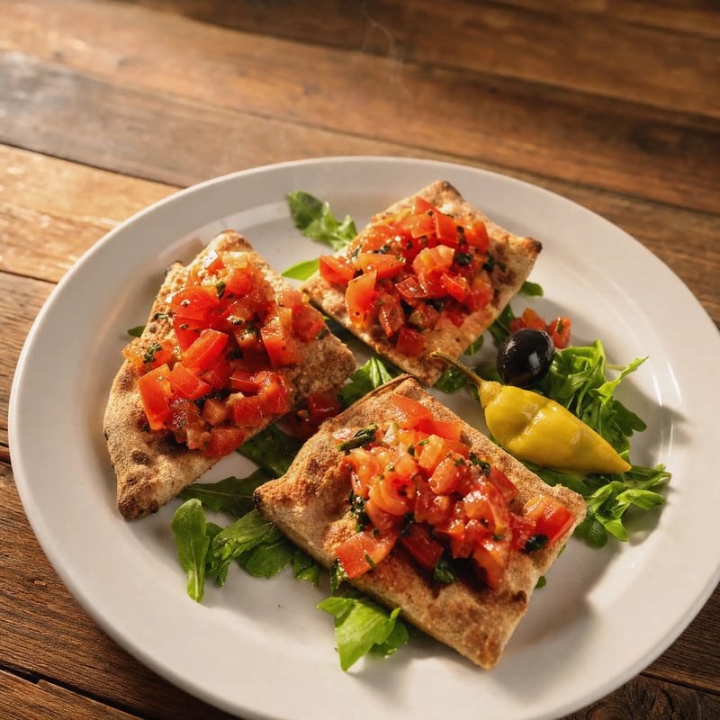 Drei Stücke Bruschetta mit gewürfelten Tomaten und Kräutern auf Rucola